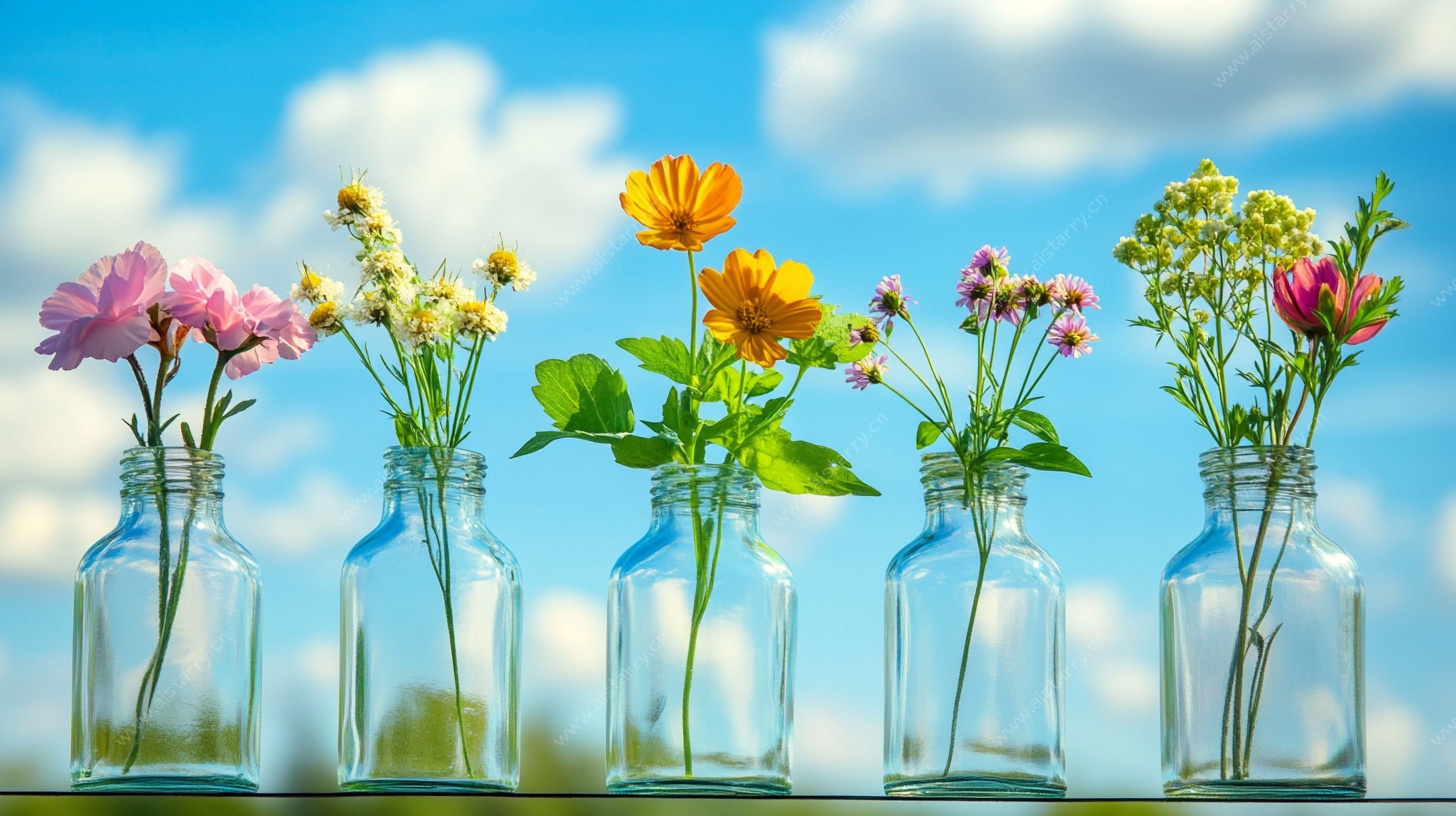 玻璃瓶中的多彩花卉