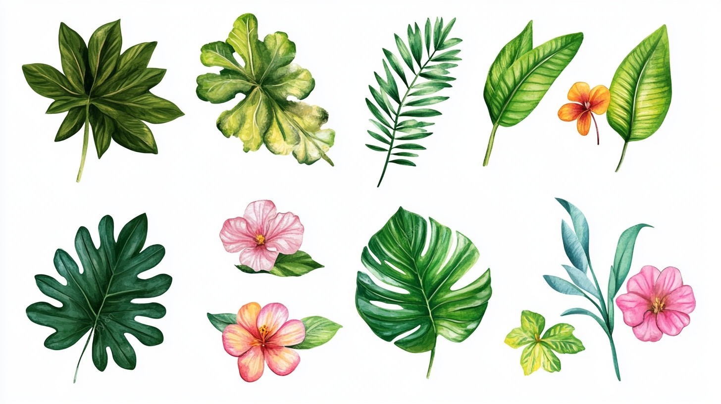 热带花卉与叶片插画集合