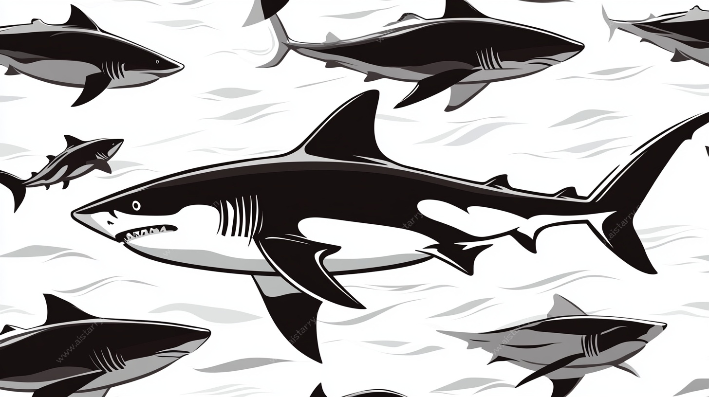 鲨鱼群游黑白插画