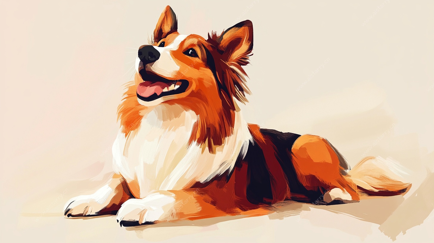 趴着的三色牧羊犬插画