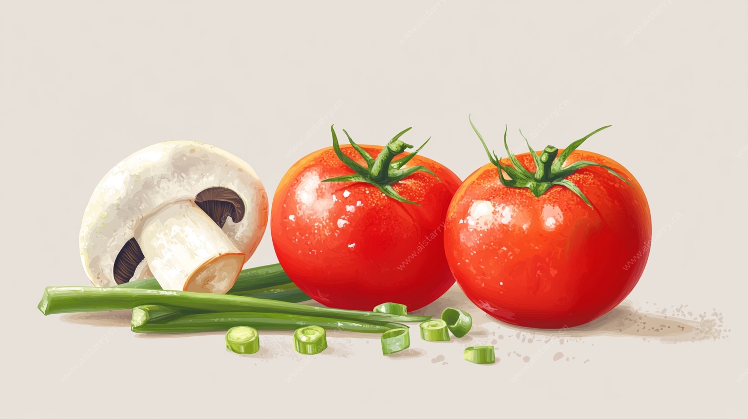 番茄蘑菇青葱静物插画