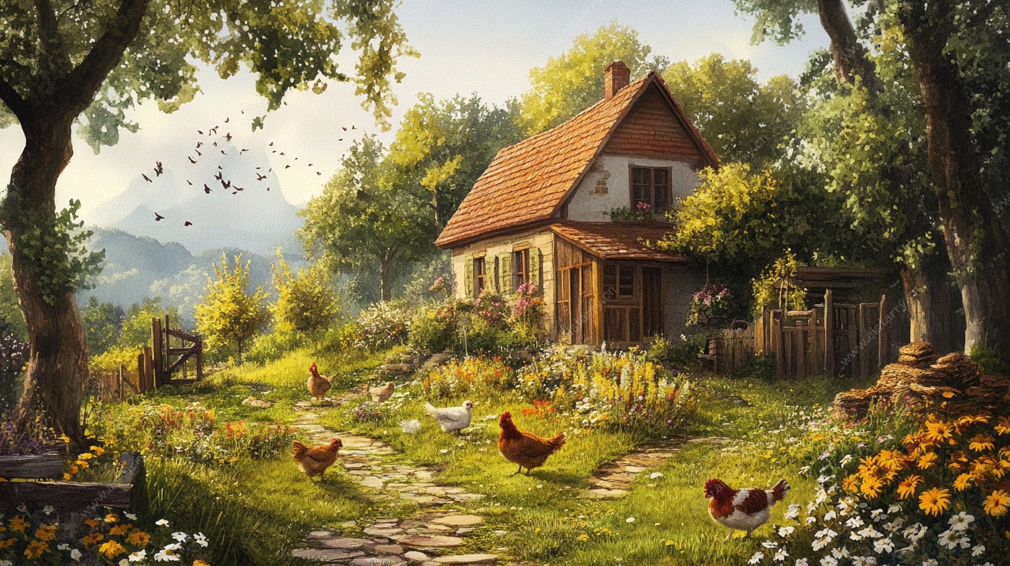 乡村小屋田园风光图景