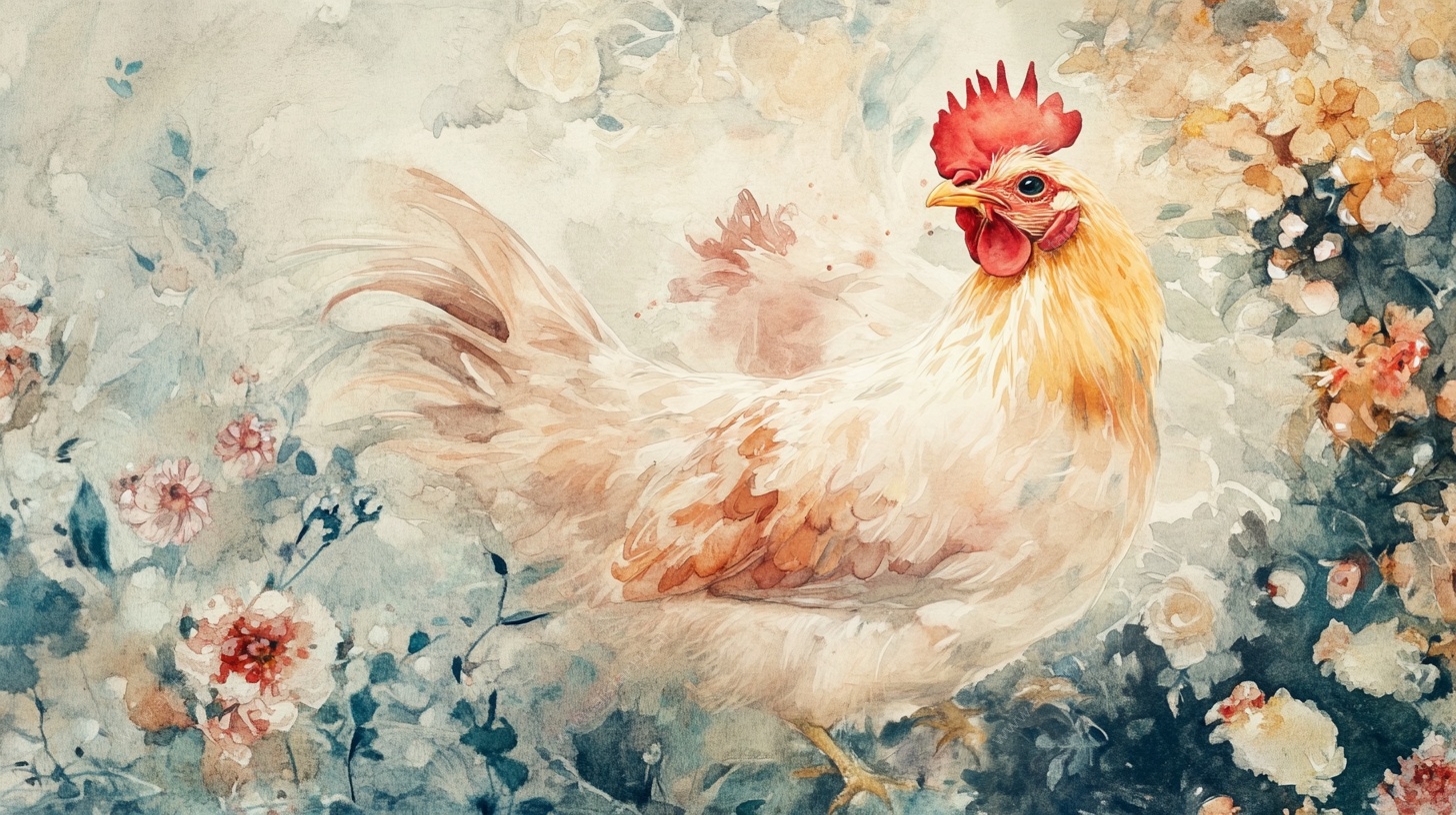 公鸡漫步花丛间