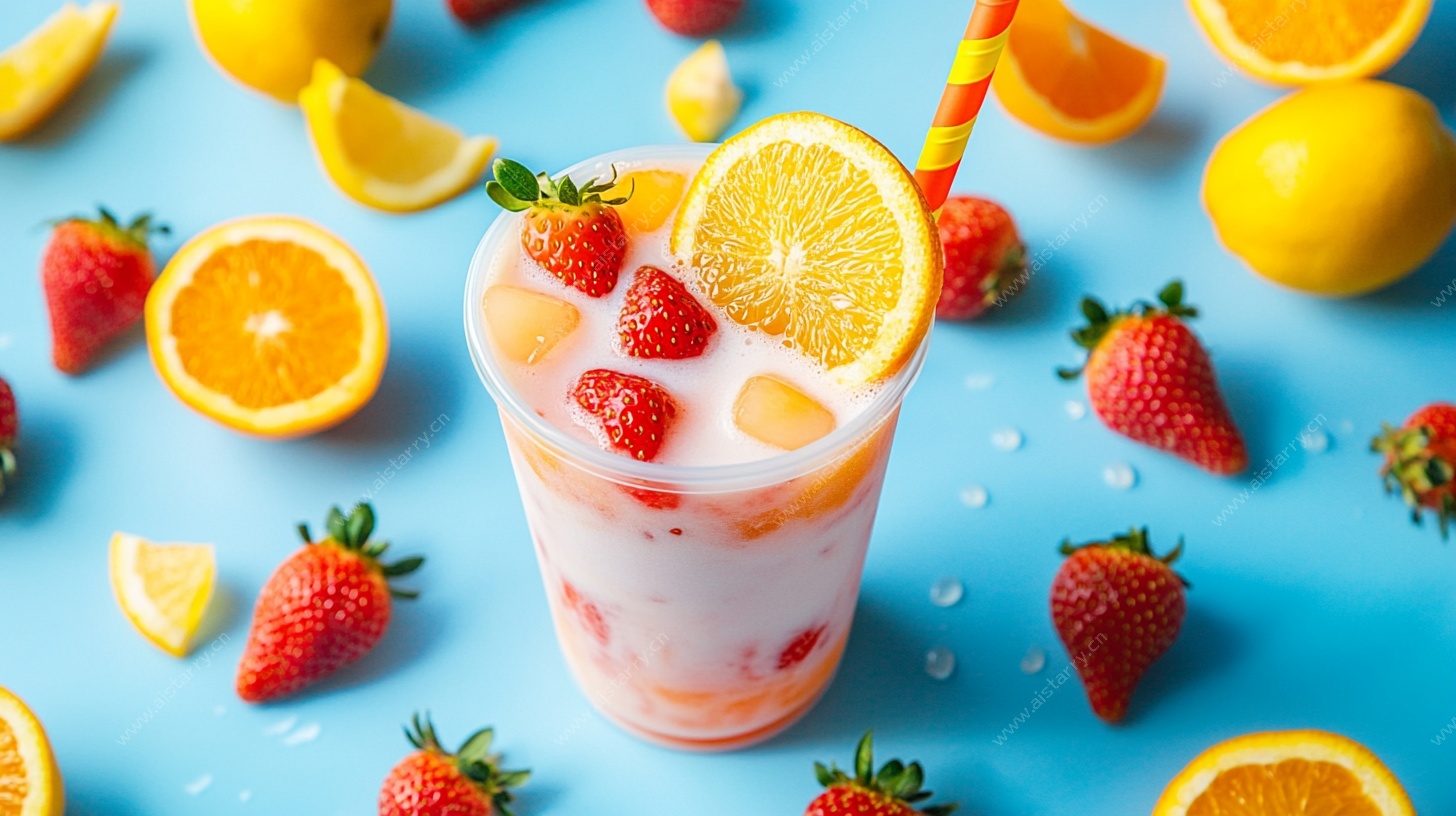 草莓柠檬冰饮创意摆拍