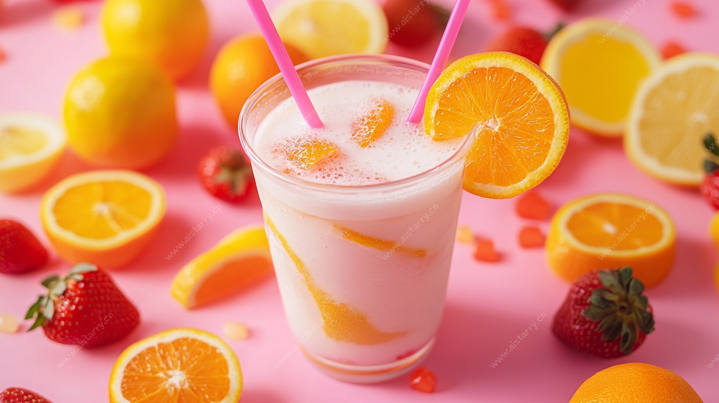 草莓香橙奶昔饮品特写