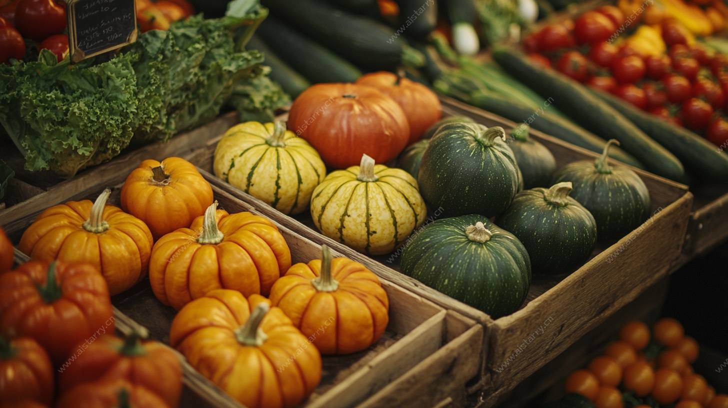 木盒中的多彩南瓜陈列