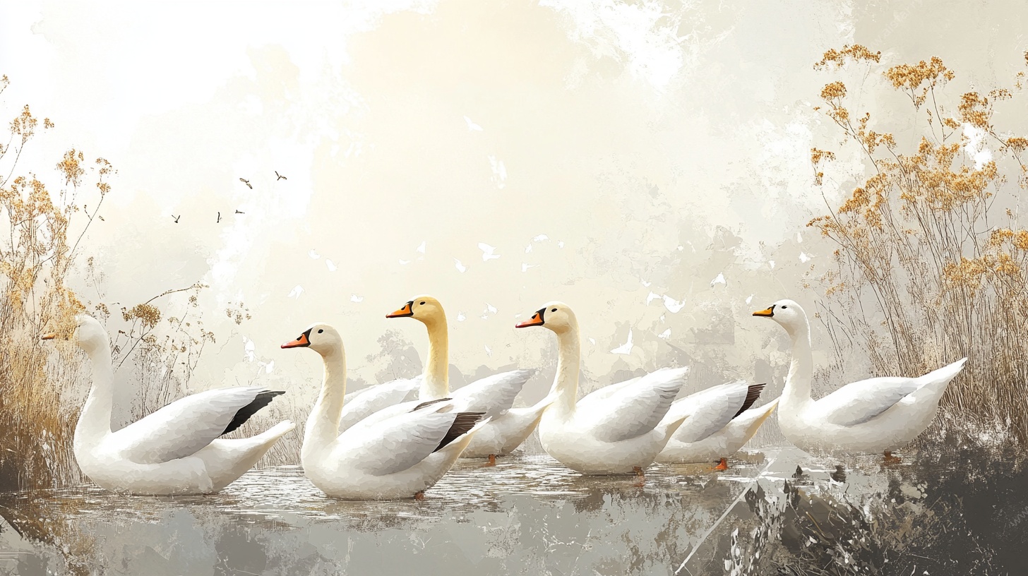 湖畔白鹅悠游图