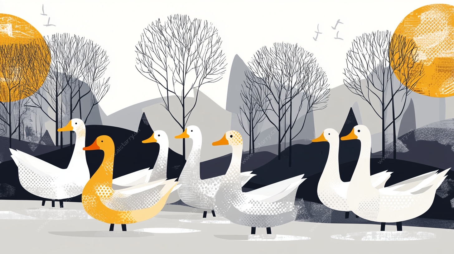 冬日鹅群漫步图景