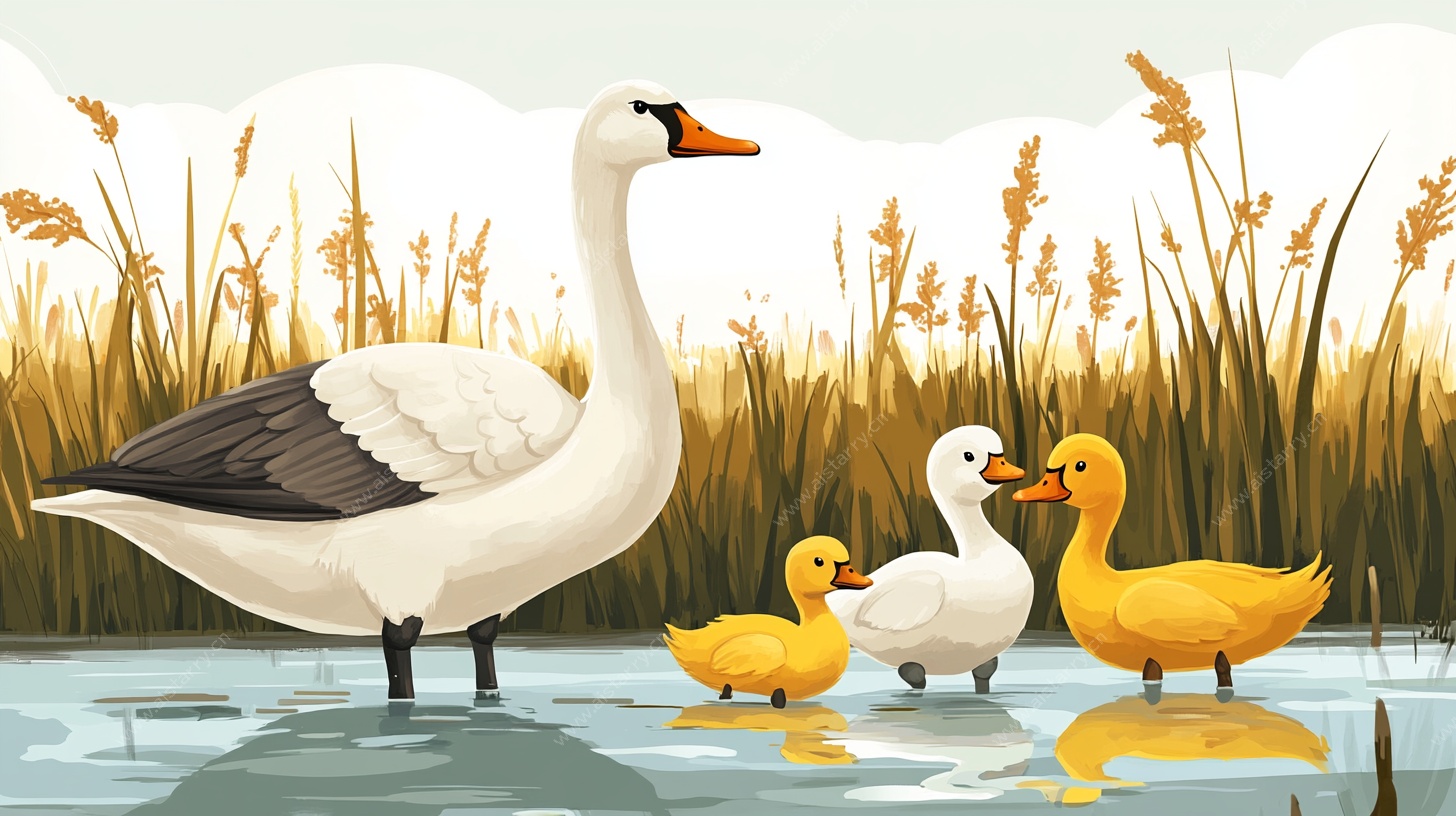 水边嬉戏的鹅鸭一家