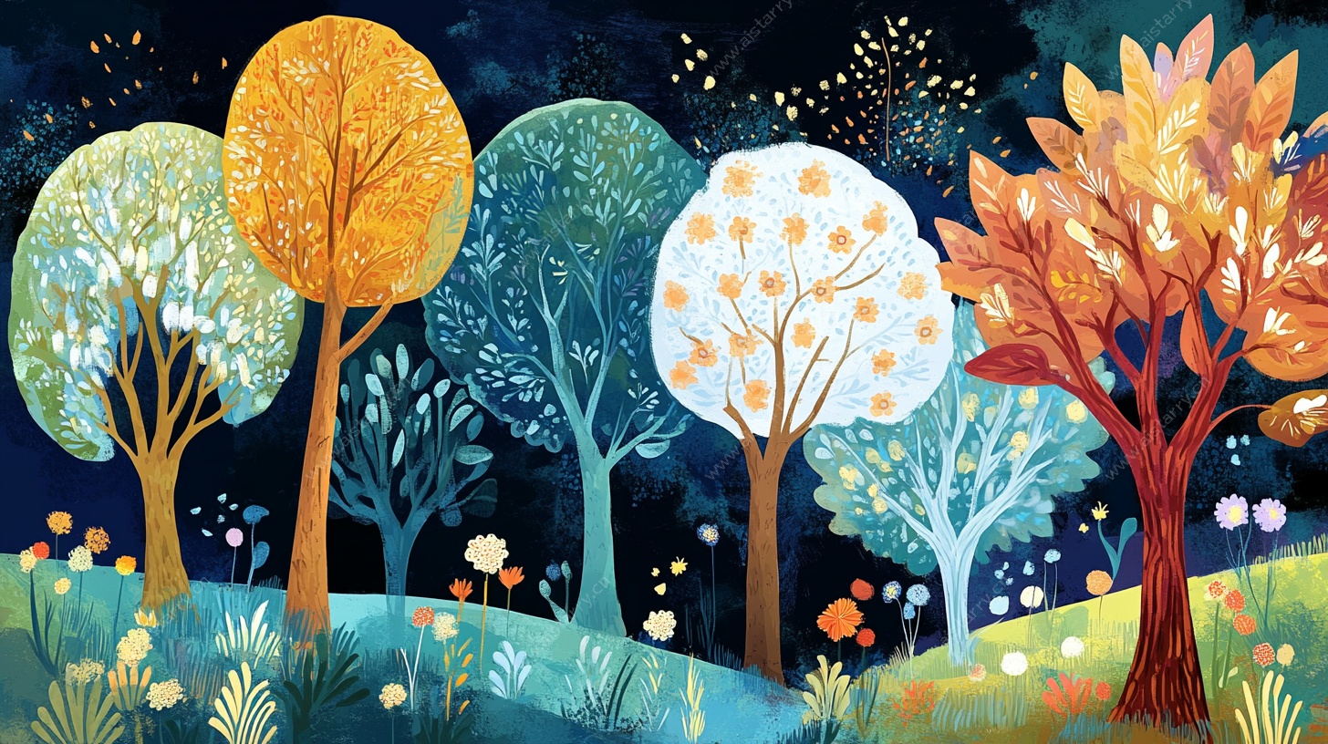 梦幻森林夜景插画