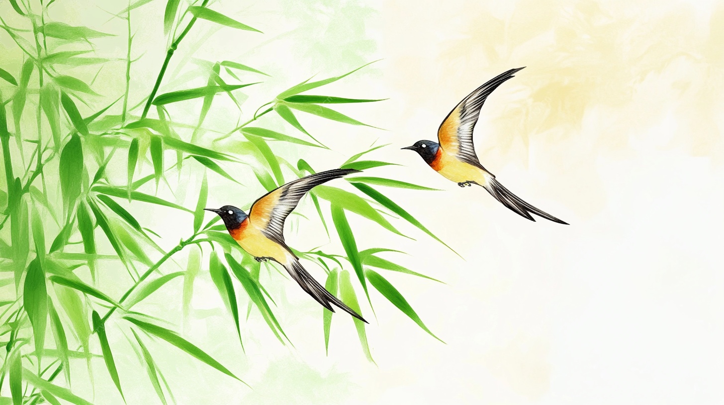 翠竹间双燕飞舞