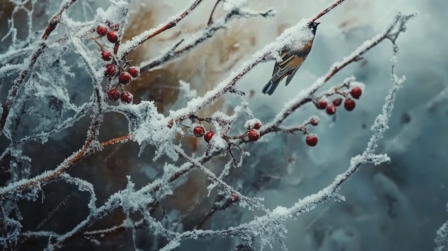 雪覆枝头的小鸟景致