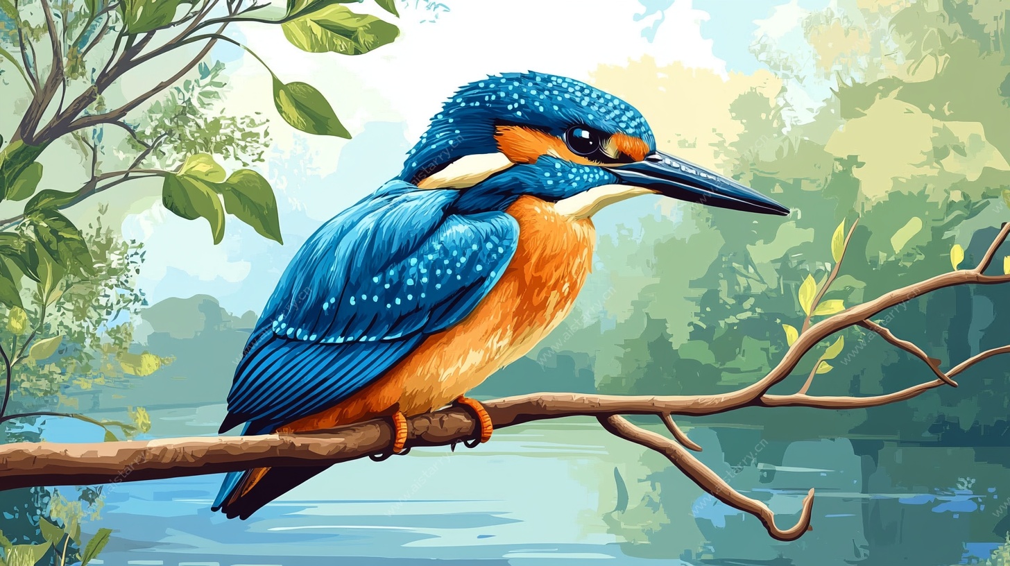 栖息枝头的翠鸟插画