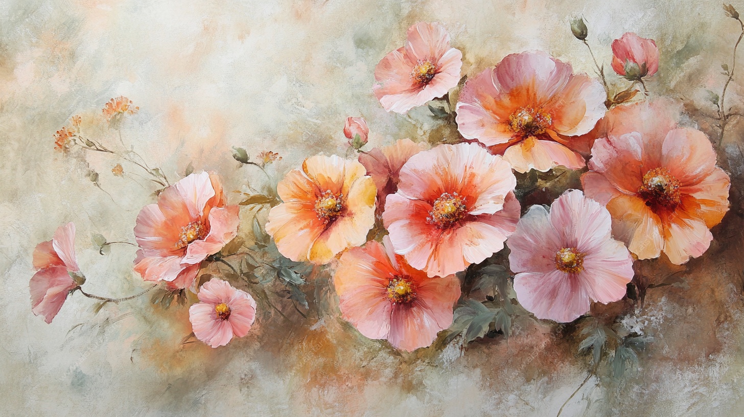 盛开的梦幻粉色花卉油画