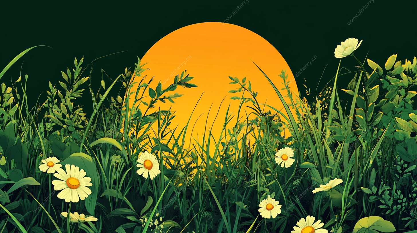 黄昏草地雏菊美景图