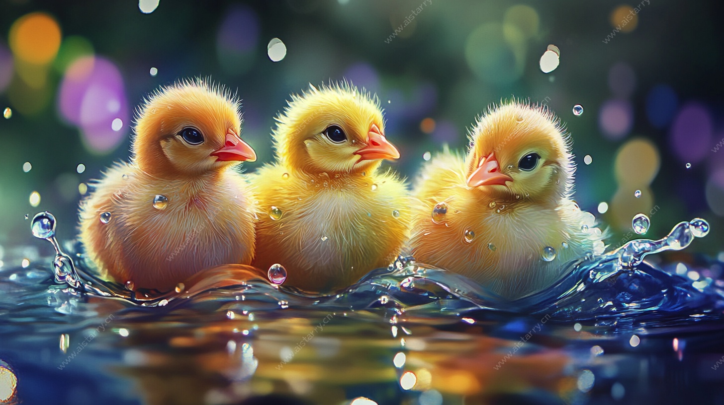 三只萌鸡水中嬉戏画面