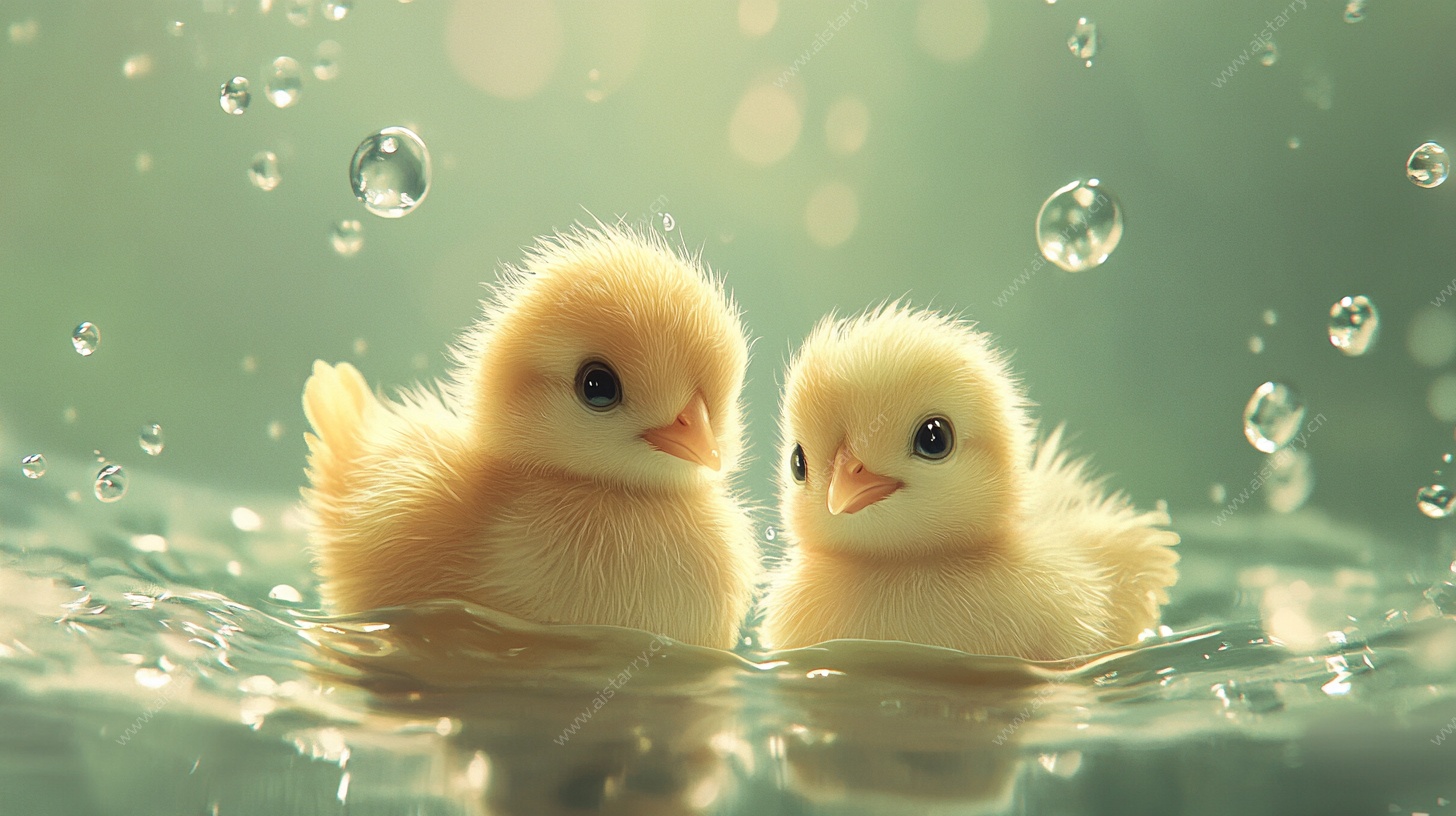 水中双雏鸡 萌态惹人怜