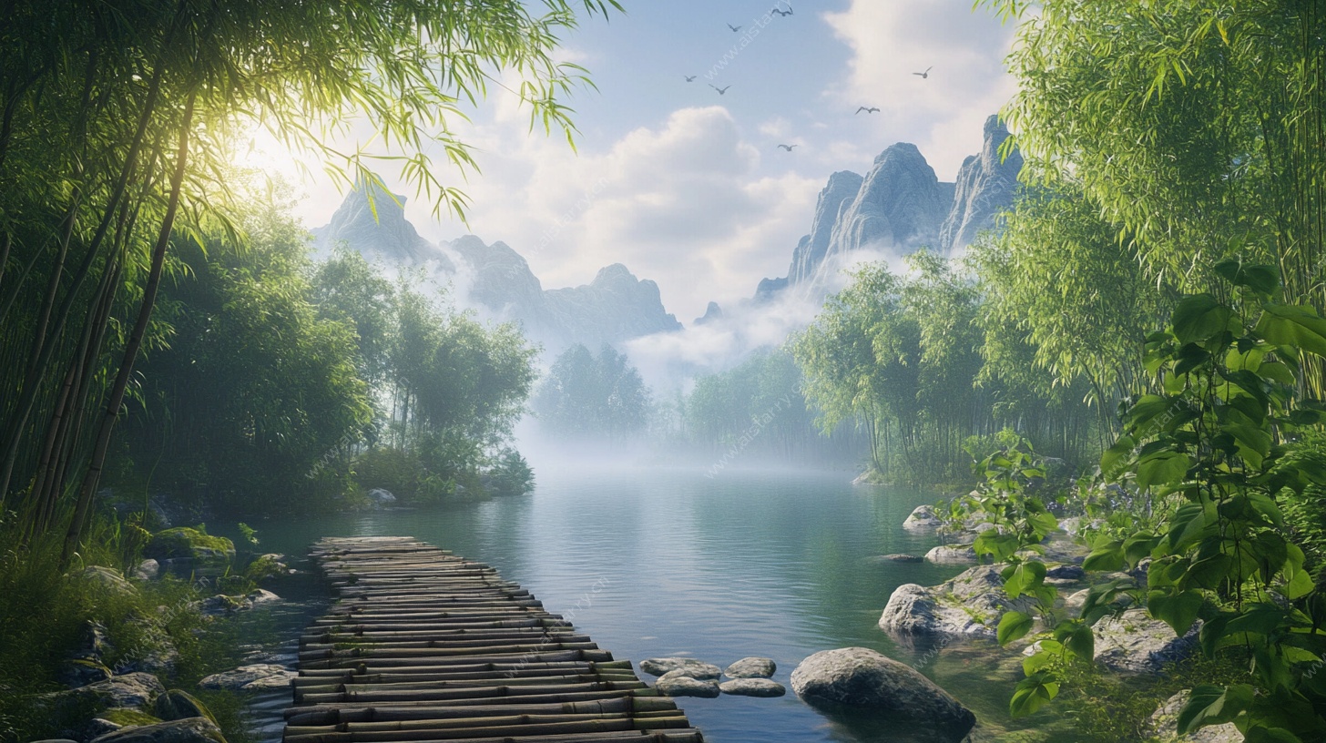 竹林湖畔木桥梦幻山水景