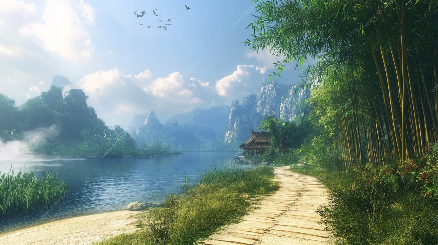 湖畔竹径山水景