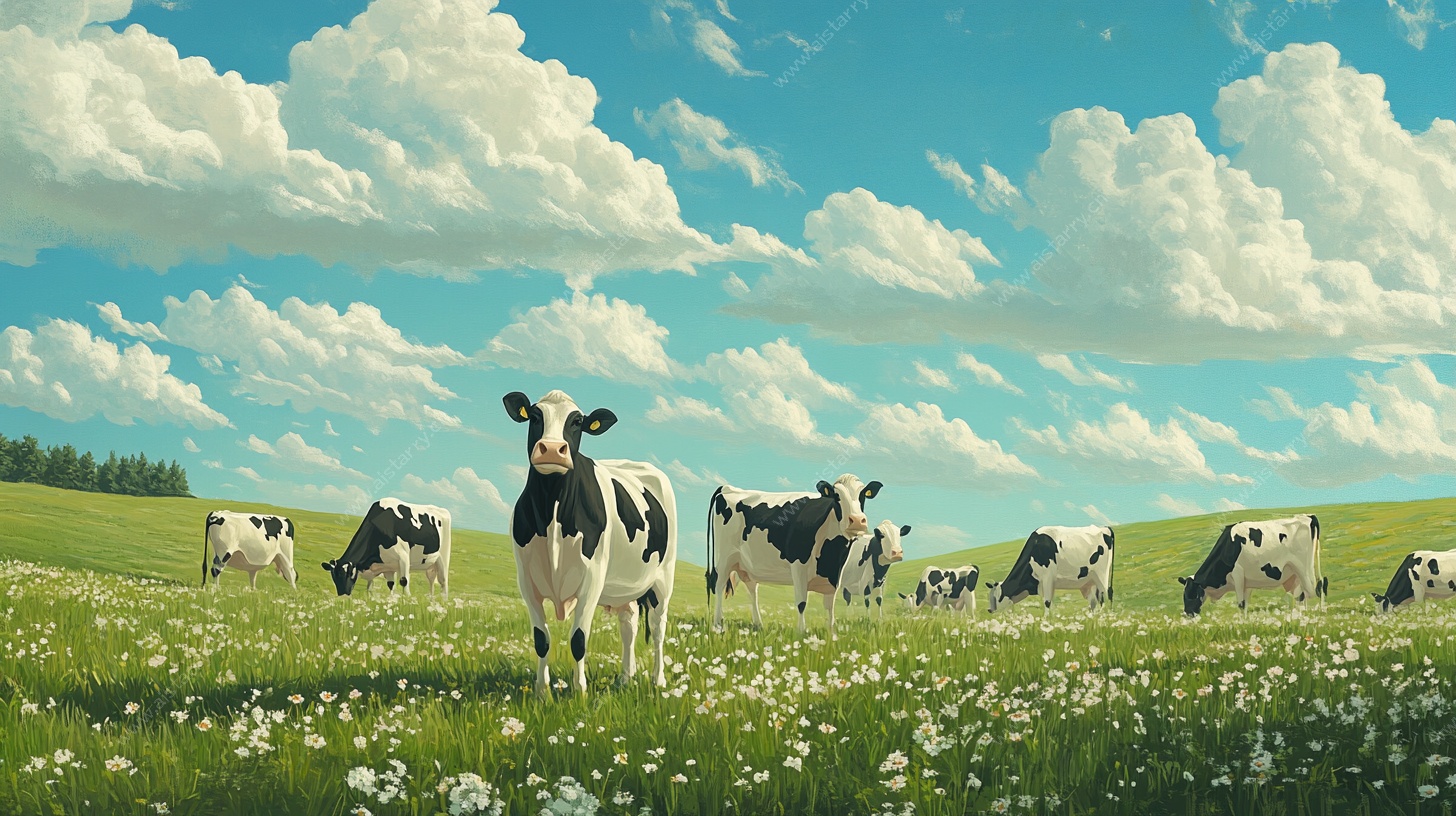 田园牧歌 牛群悠然草地间