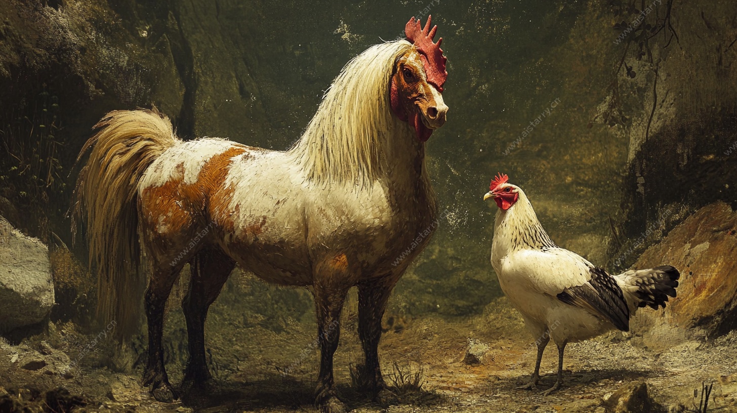 马首鸡身生物与鸡的奇幻场景