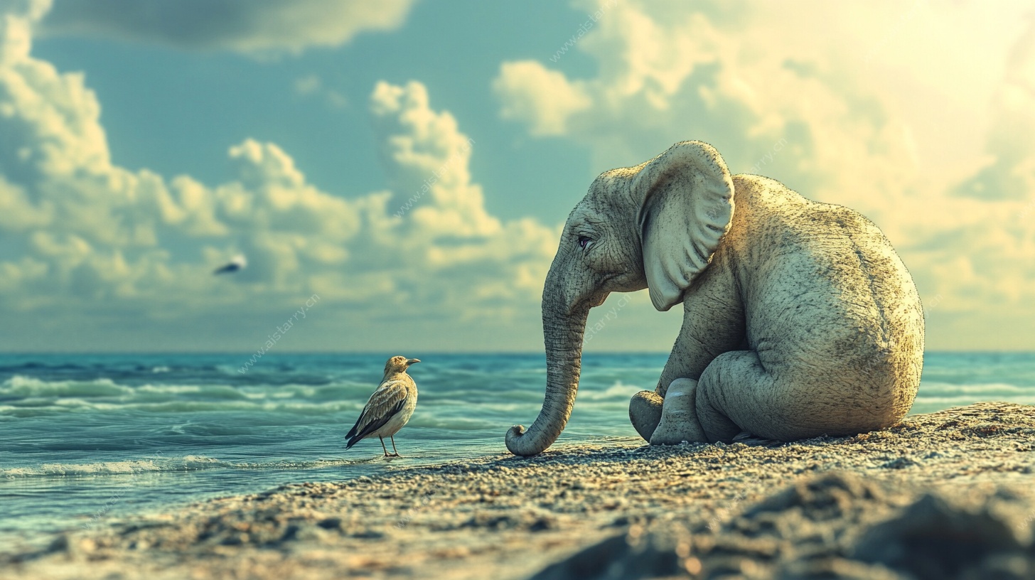 大象与小鸟的海边邂逅