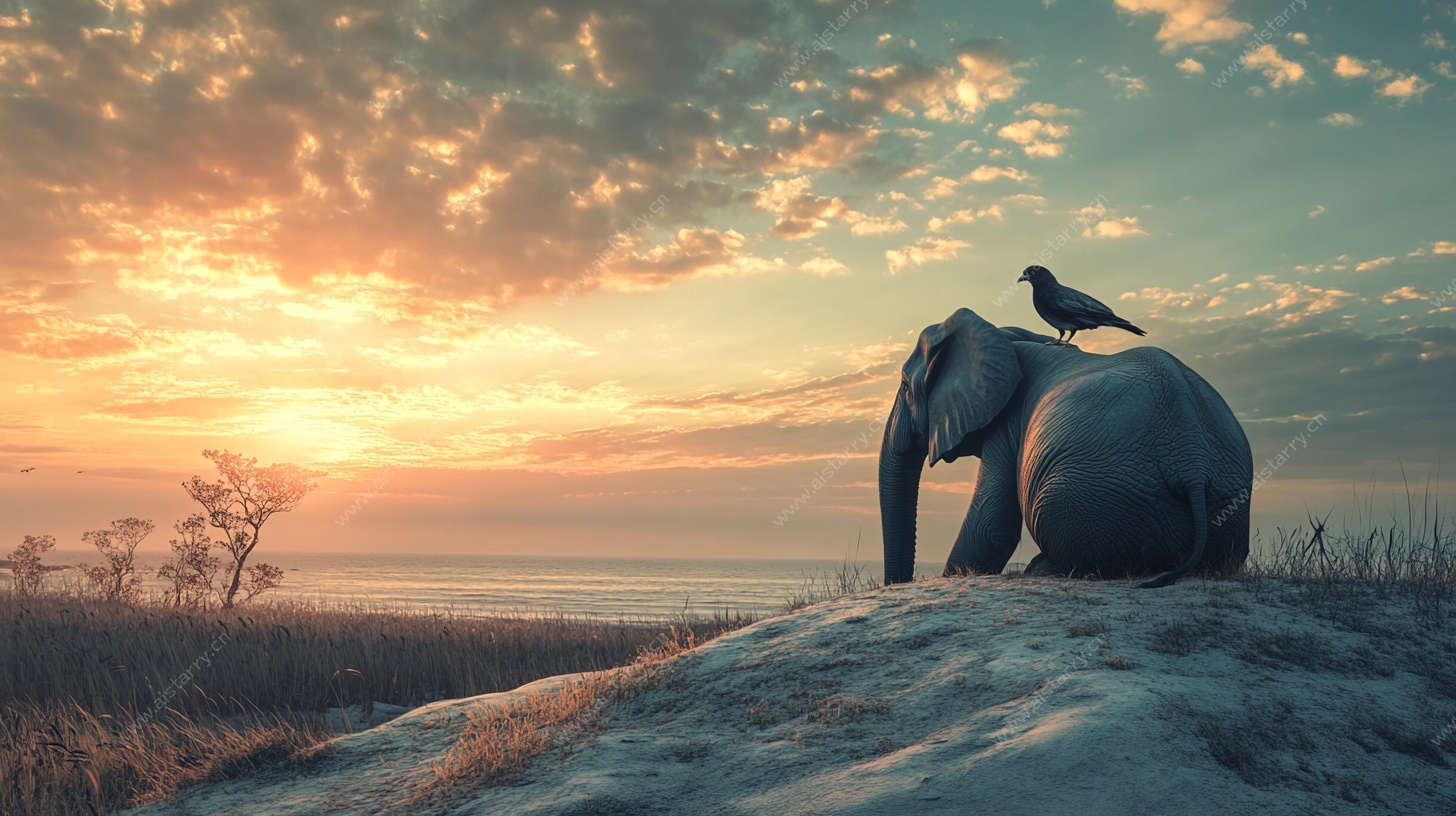 夕阳下大象与鸟的静谧时刻