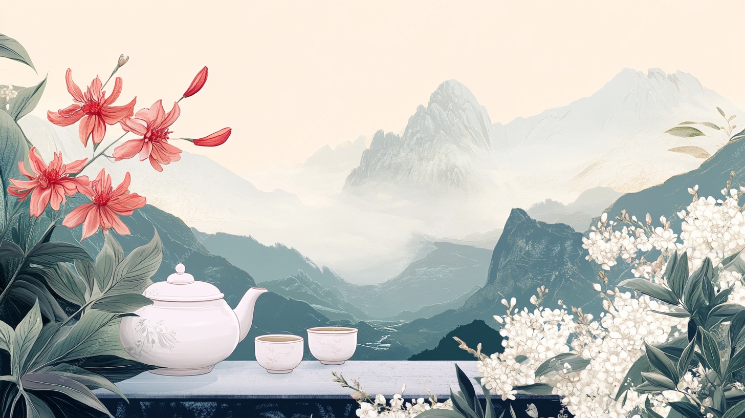 中式山水茶景插画