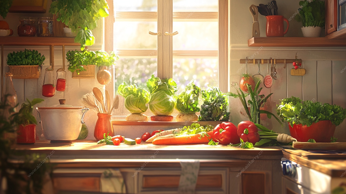 阳光洒落的温馨厨房菜景