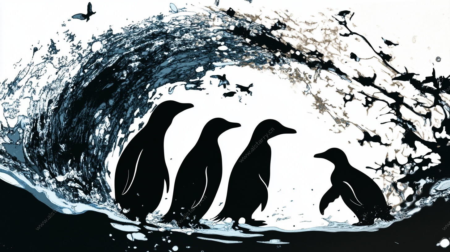 企鹅踏浪剪影艺术画面
