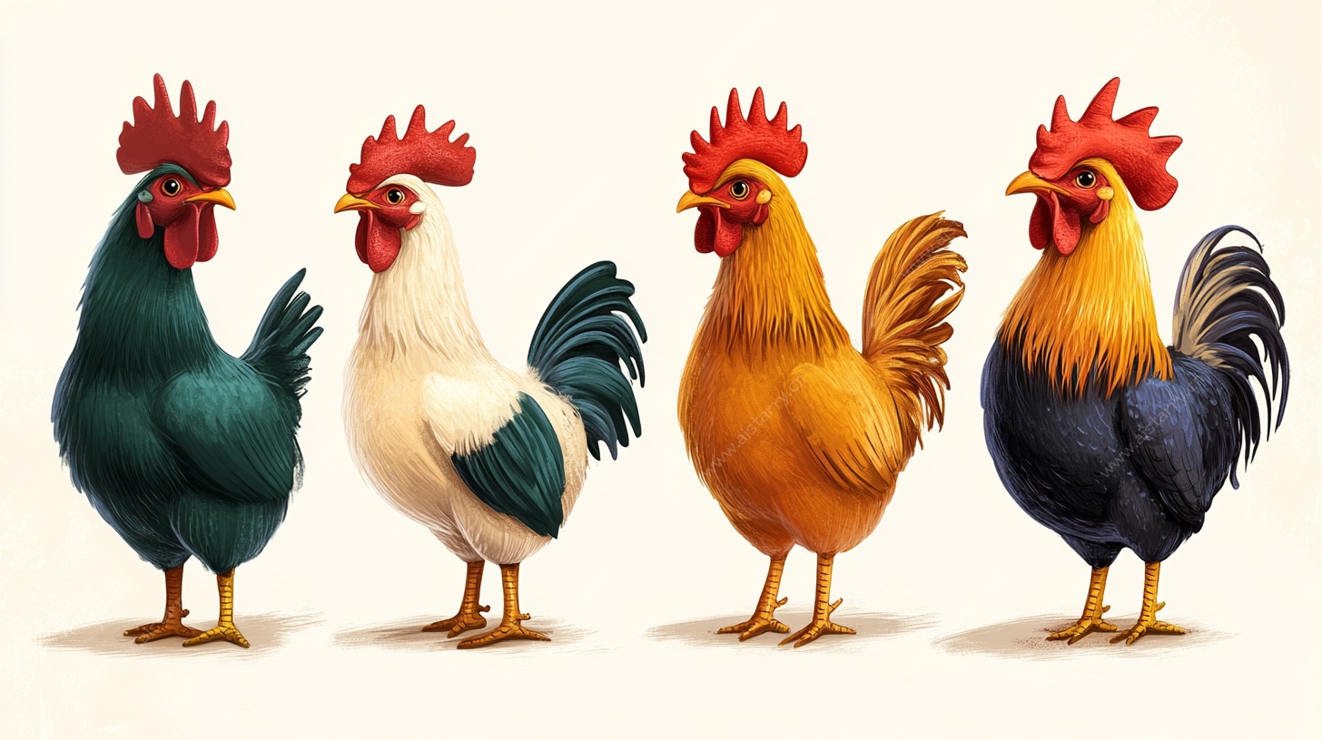四只多彩公鸡插画