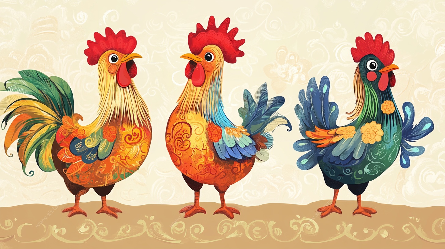 三只多彩公鸡插画
