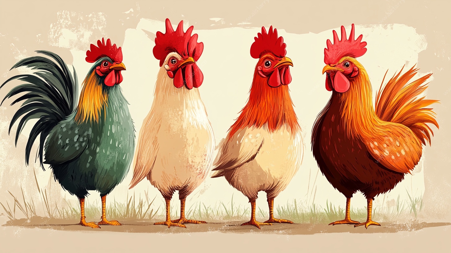 四只多彩公鸡插画