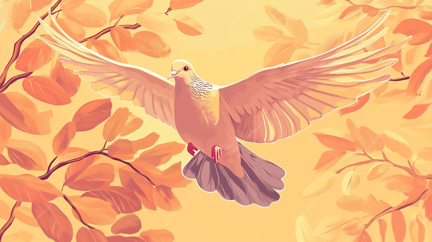 秋景中展翅的彩色鸽子