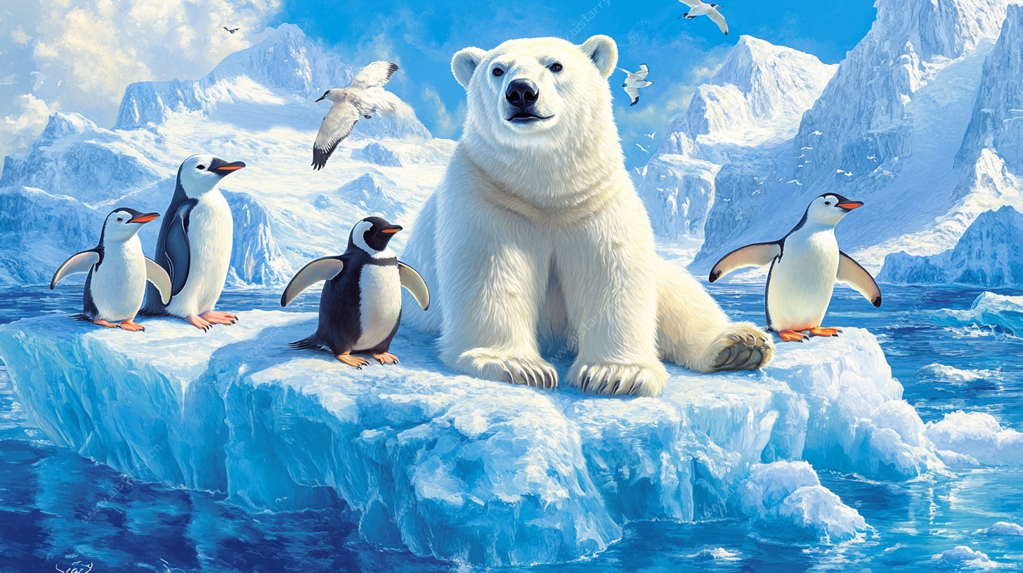 北极熊与企鹅共栖冰面