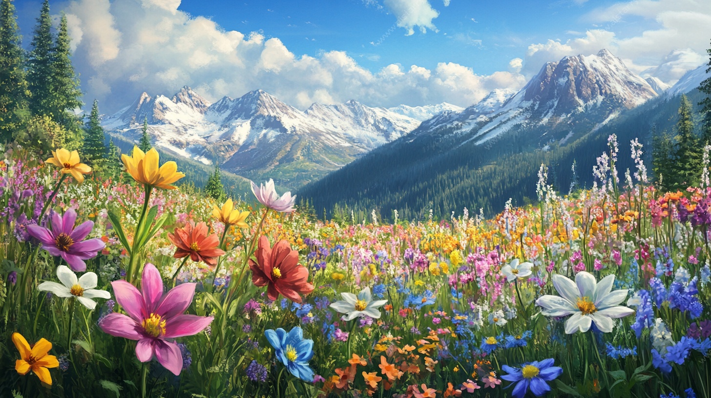 山间花海与雪山美景