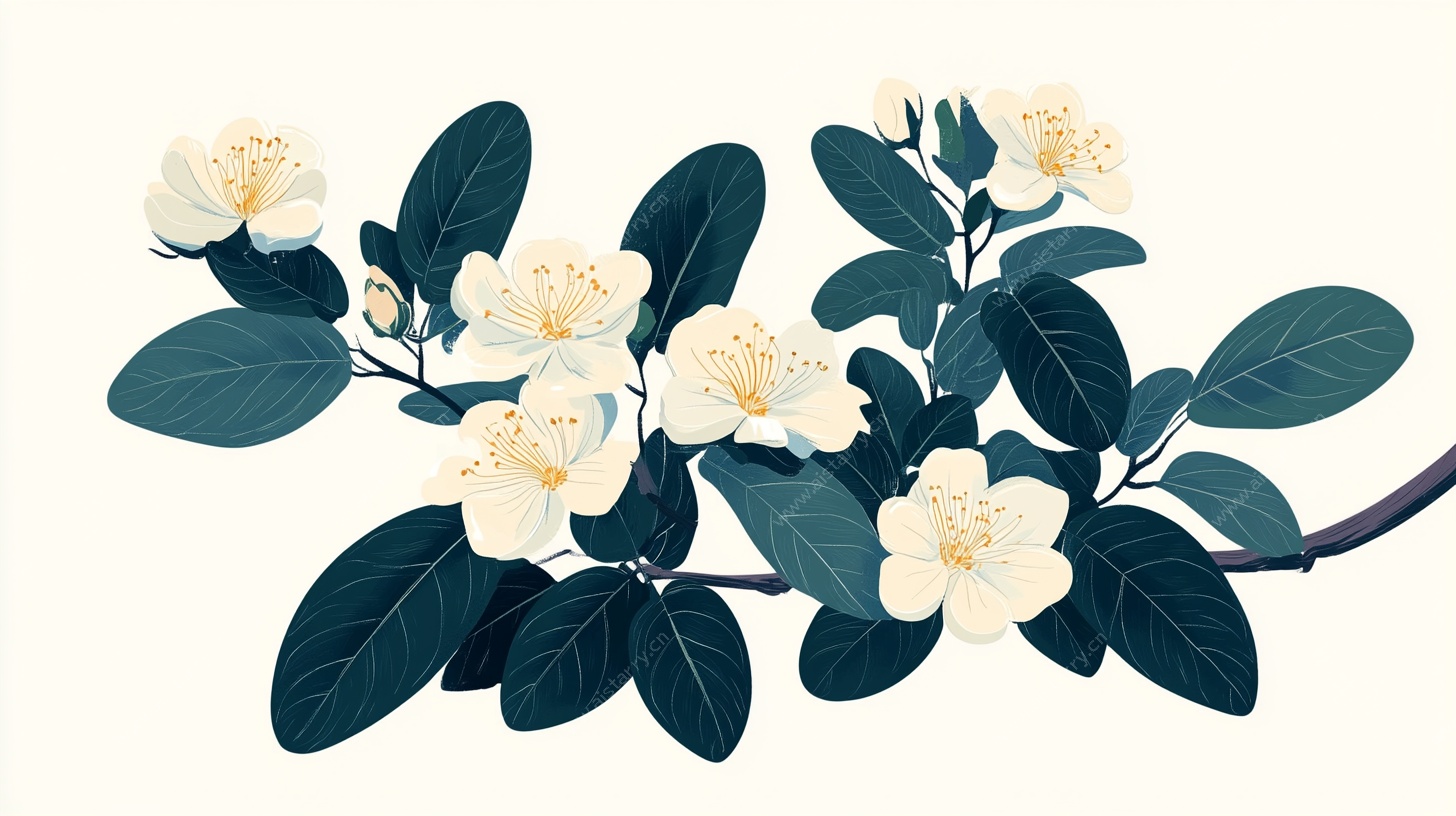 枝头绽放的白色花朵插画