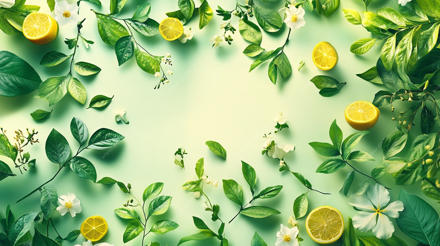 清新柠檬绿叶花卉构图