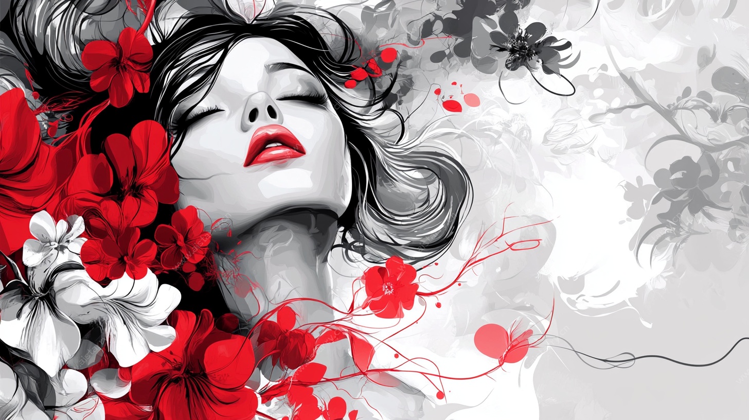 梦幻花卉中的闭眸女子