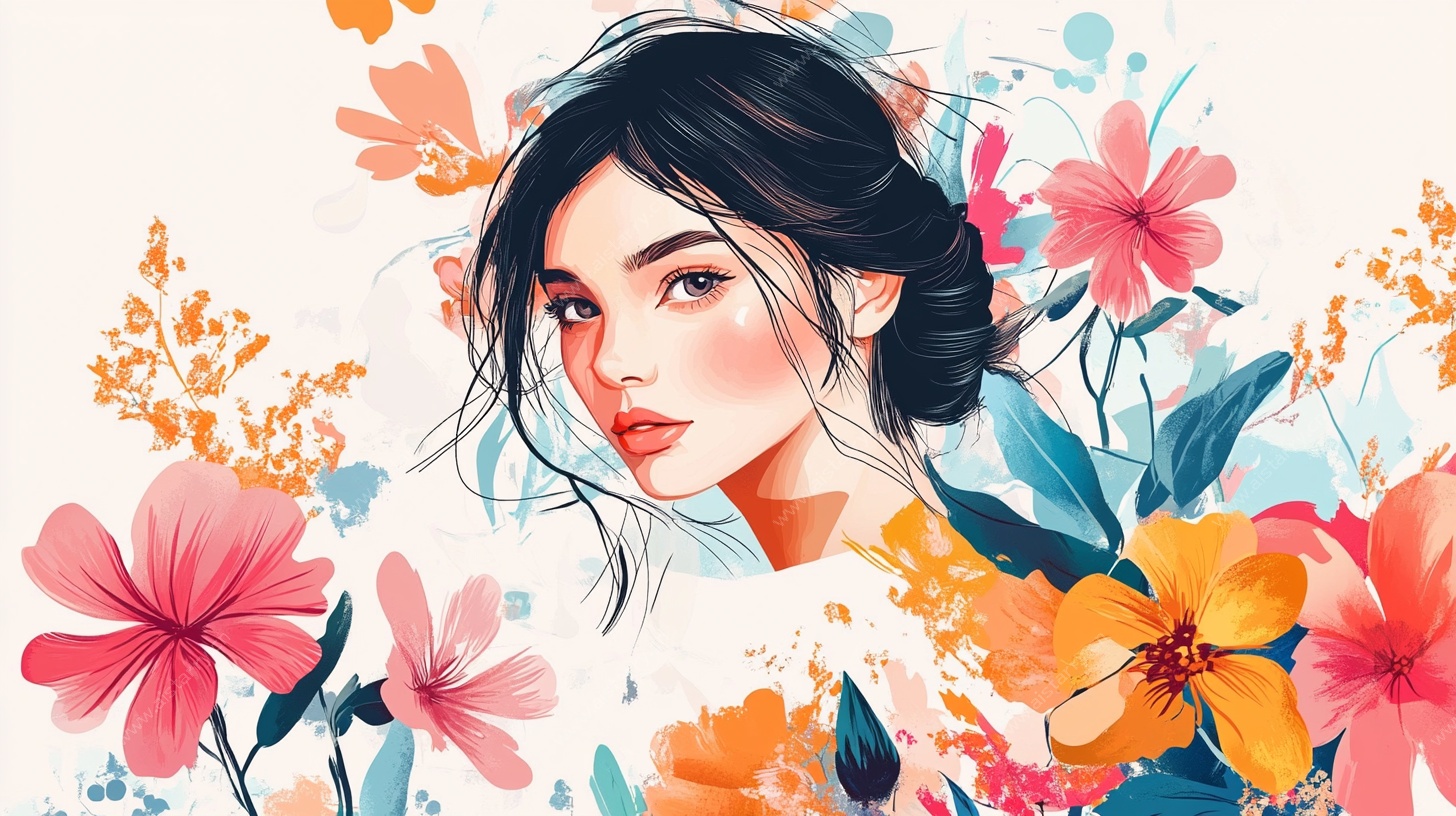 花卉环绕的优雅女性形象