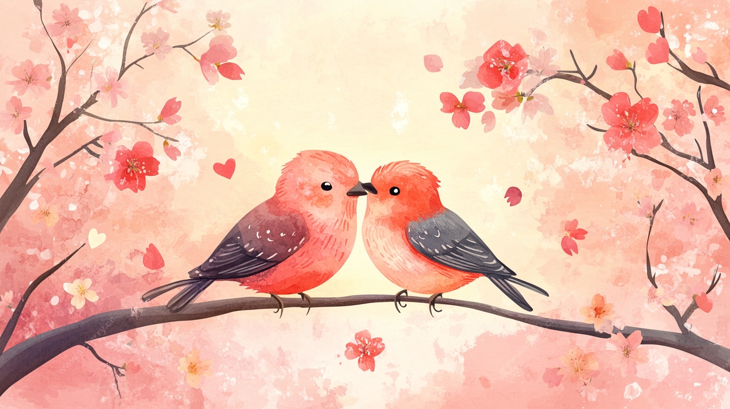 双鸟栖枝樱花间