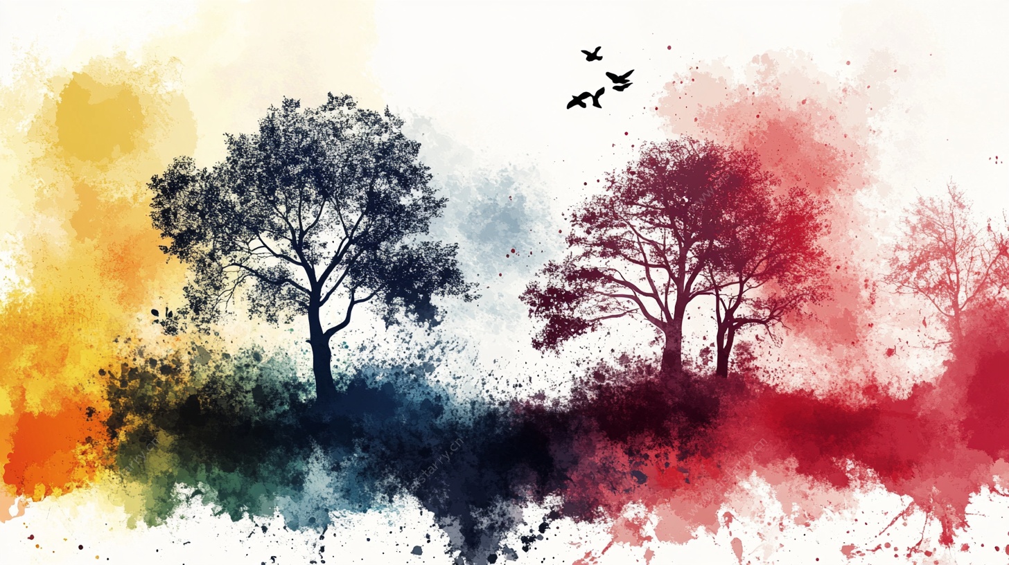 水彩绘景 多彩树木与飞鸟