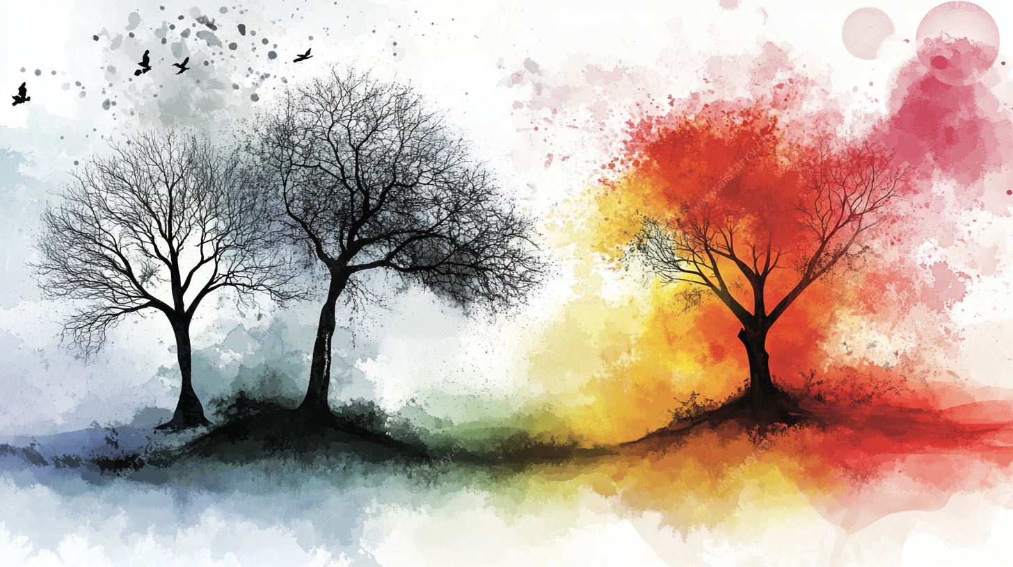 水墨风多彩树木风景图