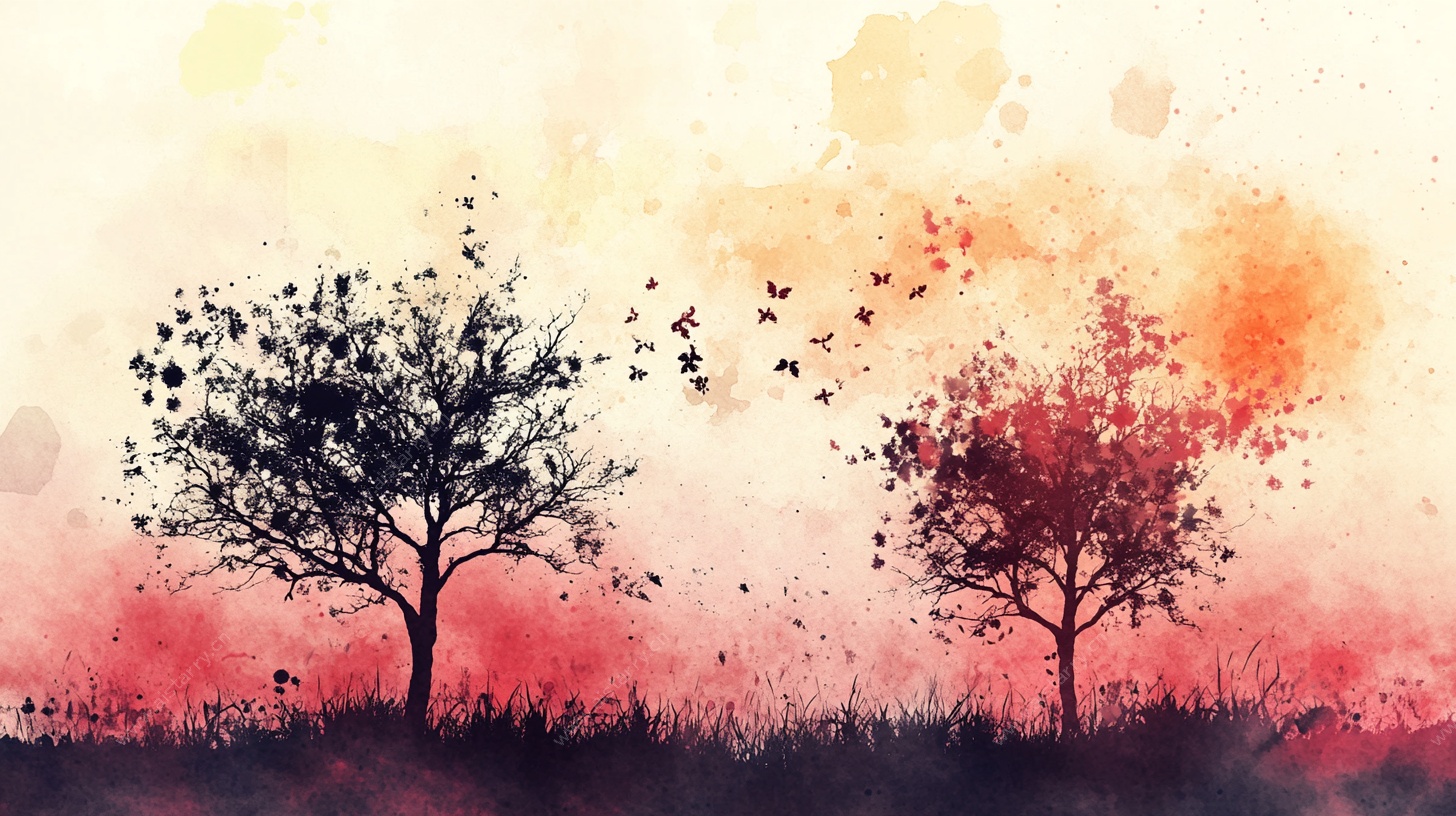 黄昏树影水彩画