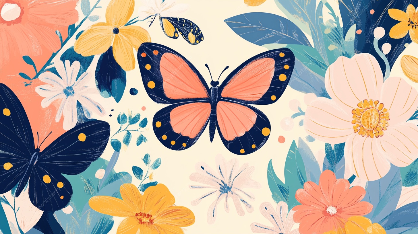 花丛中的蝴蝶插画