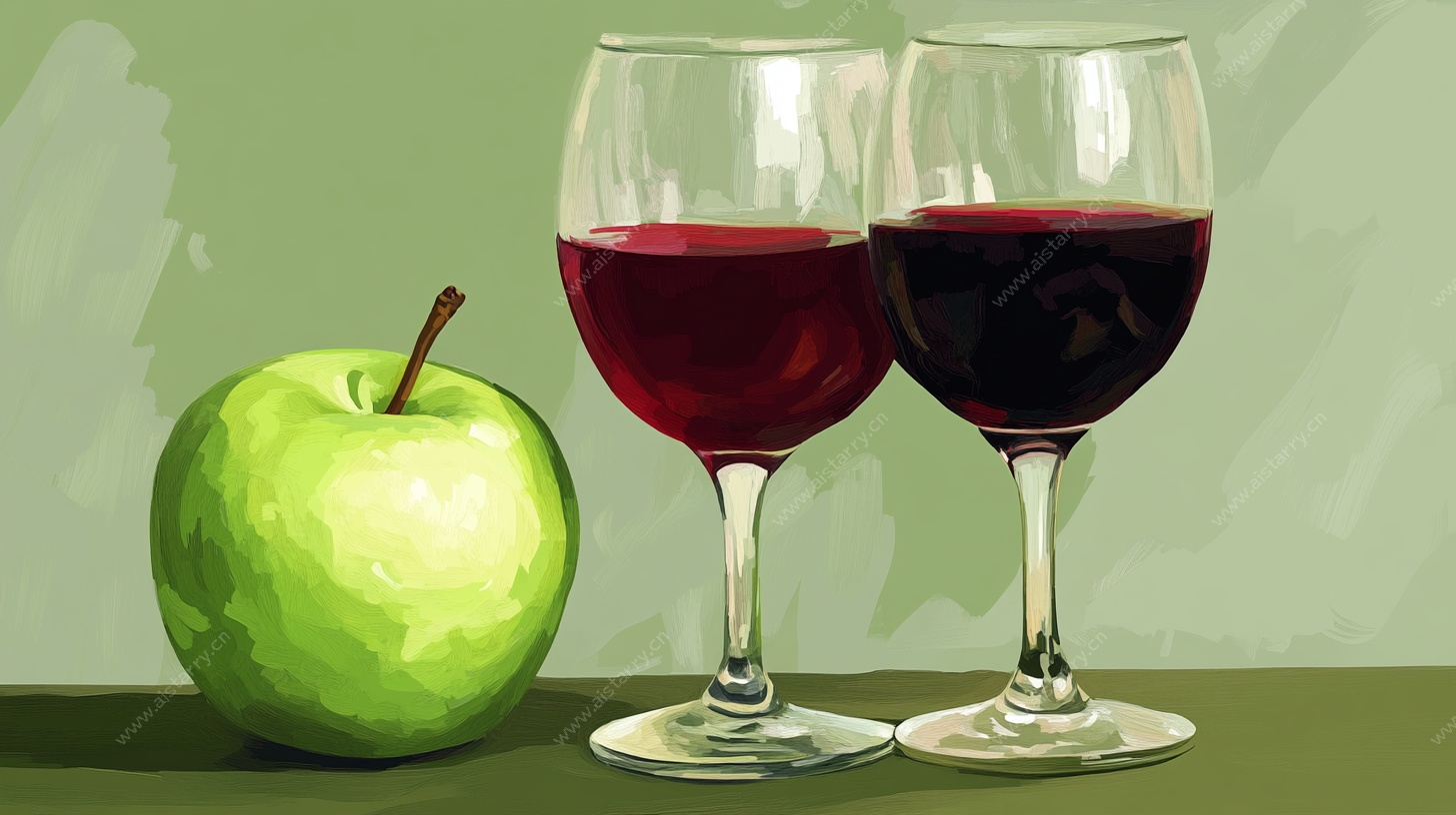 青苹果与红酒杯插画