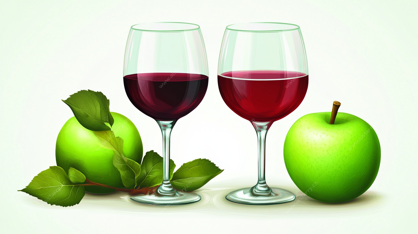 双杯红酒与青苹果静物图