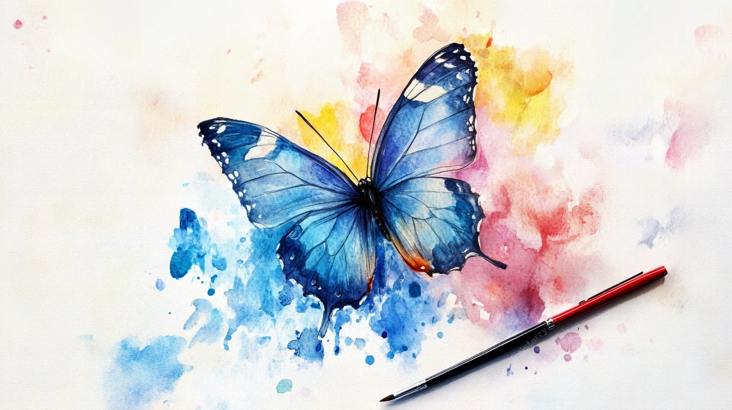 水彩蓝蝶与画笔