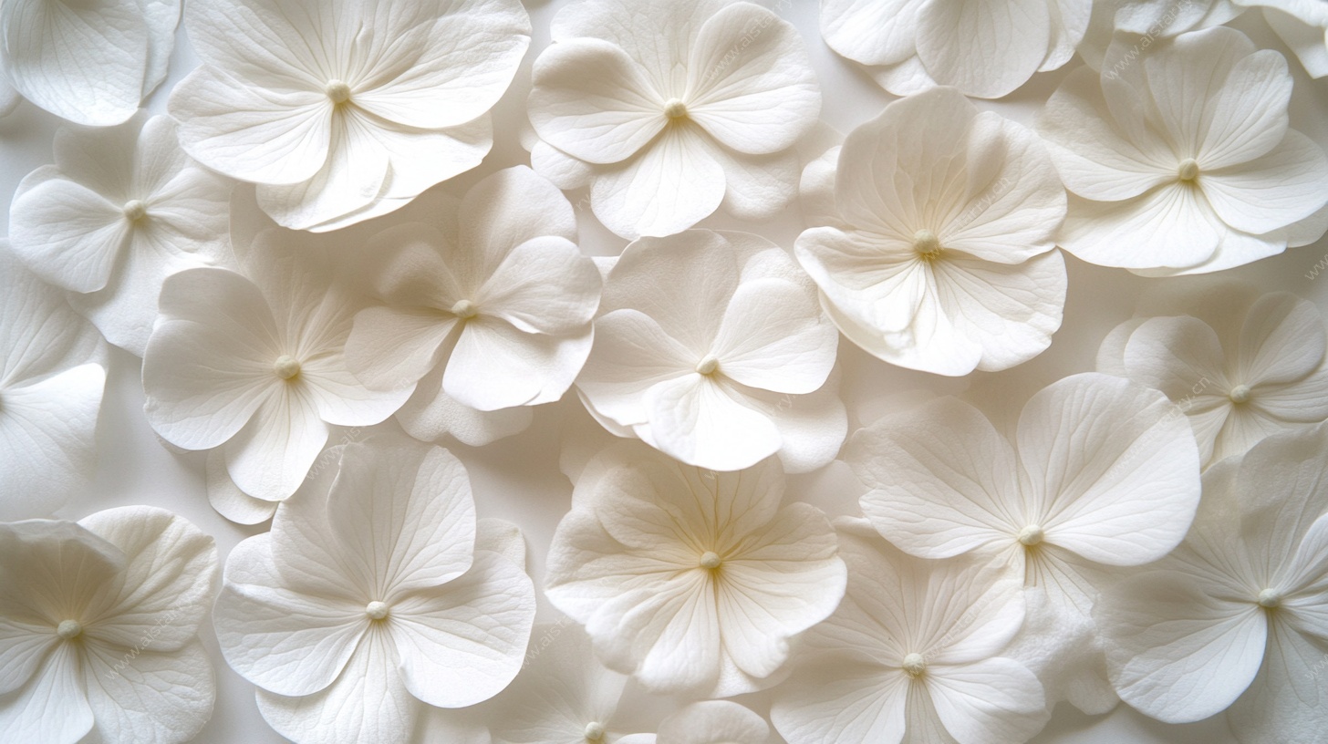 白色绣球花瓣平铺画面
