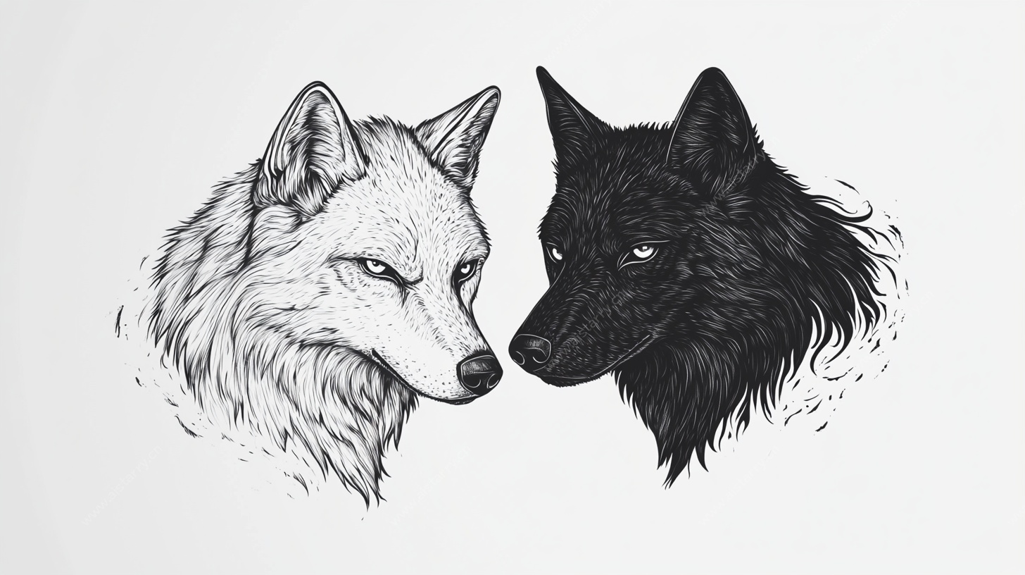 黑白双狼头像插画